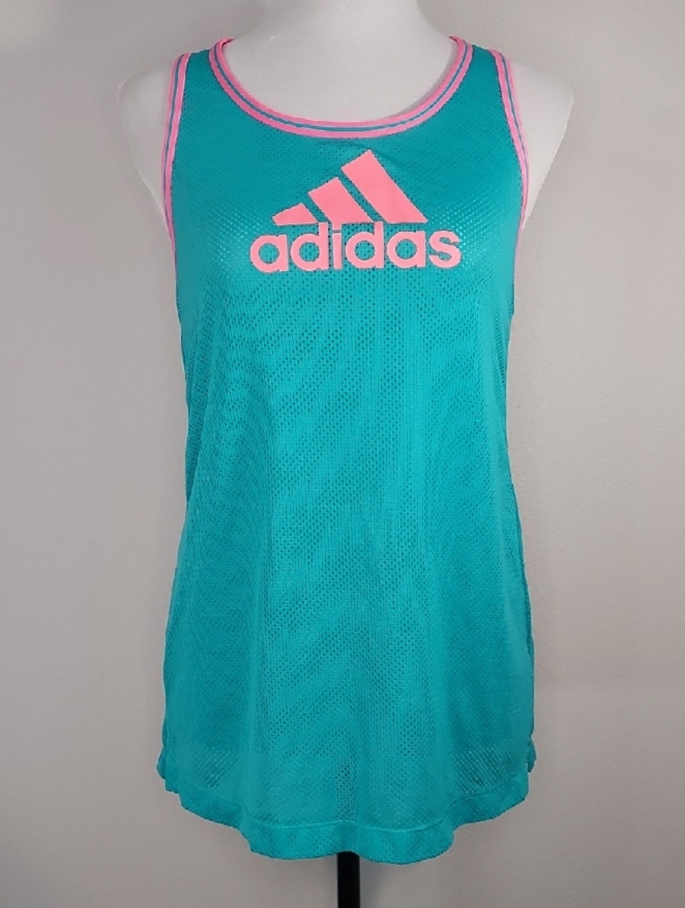 Adidas Aqua Blue Bright Pink Mesh Racerback Athletic Logo Tank Top Size Large